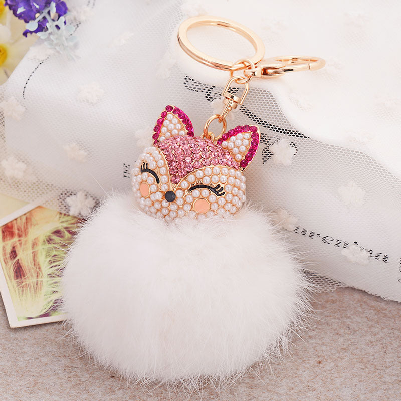 Wholesale Diamond Fox Head Rabbit Hair Hairball Zinc Alloy Keychains